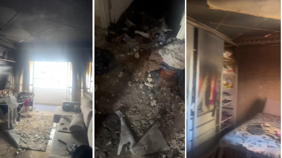 Chamas causaram destruíção no apartamento — Foto: Reprodução/vídeo