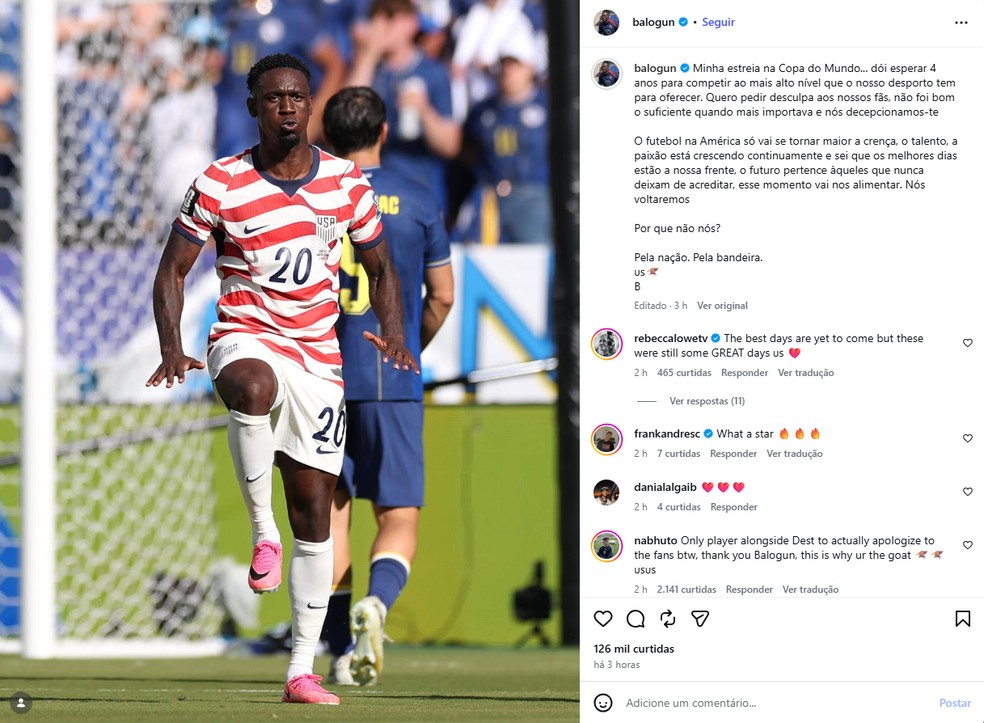 Balogun pede desculpa aos fãs da seleção dos EUA. — Foto: Reprodução / Redes Sociais
