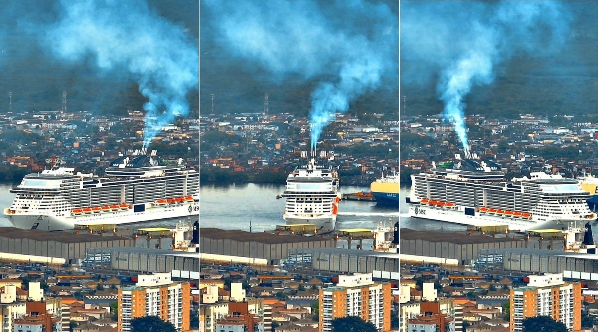 Piloto de drone faz registro impressionante do maior navio de cruzeiros a navegar no Brasil 'girando' no Porto de Santos; VÍDEO