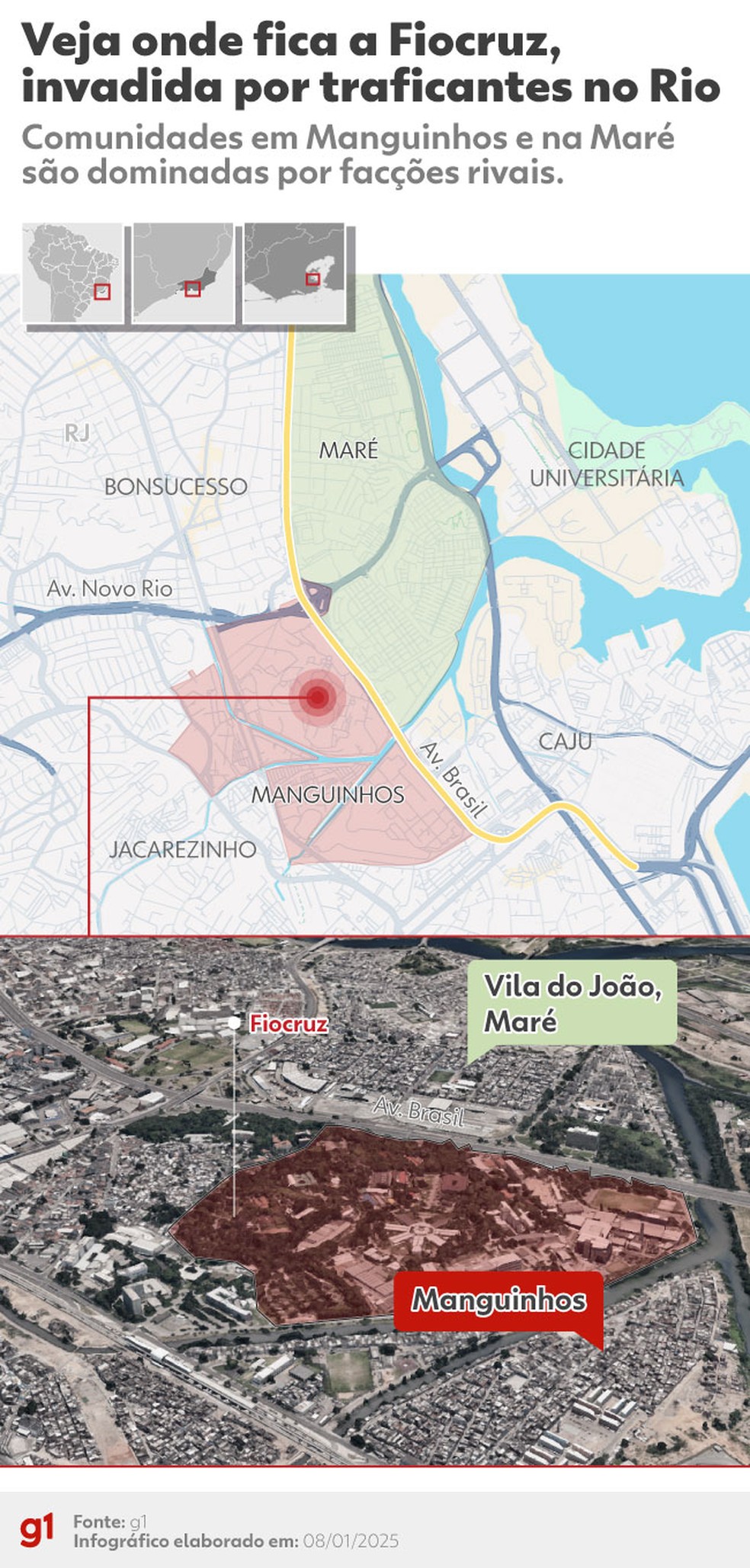 Fiocruz fica entre comunidades de diferentes facções — Foto: Editoria de Arte g1