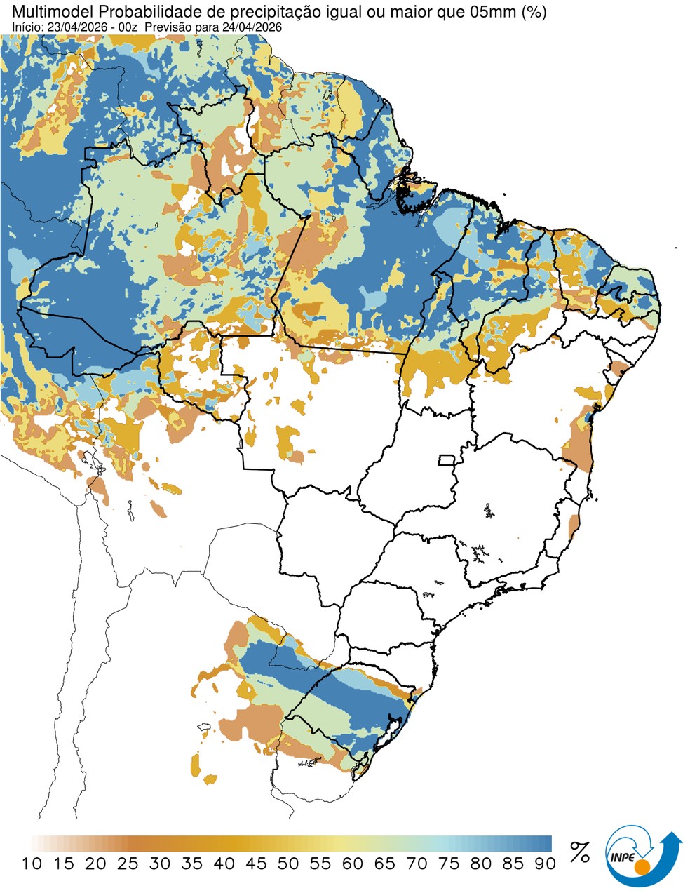 Probabilidade de chuva nesta sexta (24) em todo o Brasil. — Foto: CPTEC/Inpe