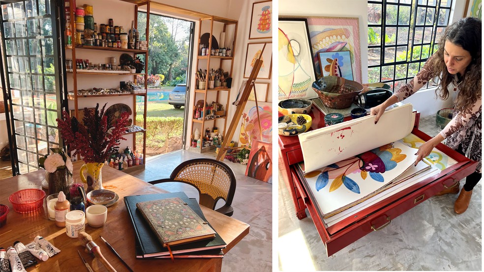 Renata Egreja, no ateliê montado na centenária casa da fazenda da família, em Ipaussu (SP) — Foto: Marina Bortoluzzi/Divulgação