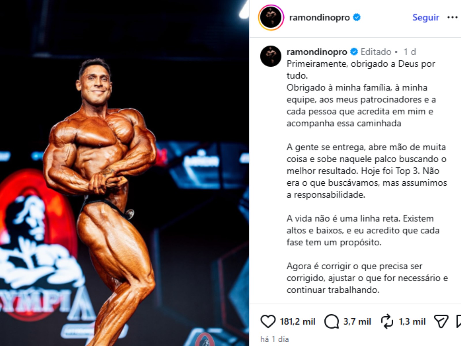 'Vida não é uma linha reta', diz acreano Ramon Dino após ficar no top 3 do Mr. Olympia 2026
