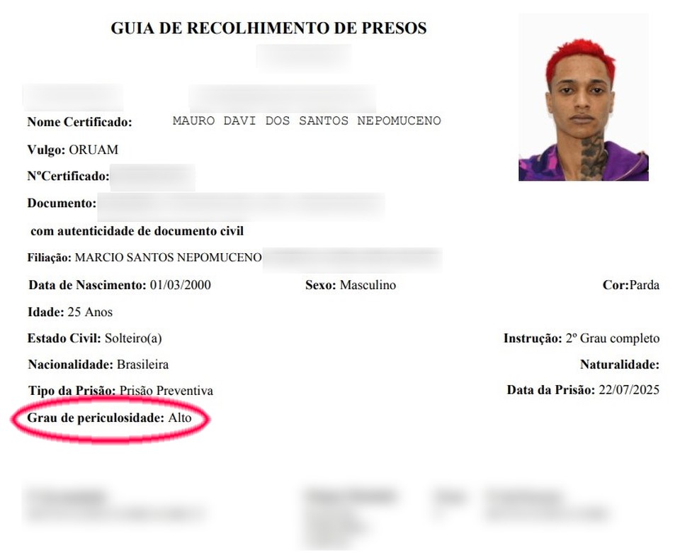 Ficha de Oruam no sistema prisional do Rio de Janeiro — Foto: Reprodução