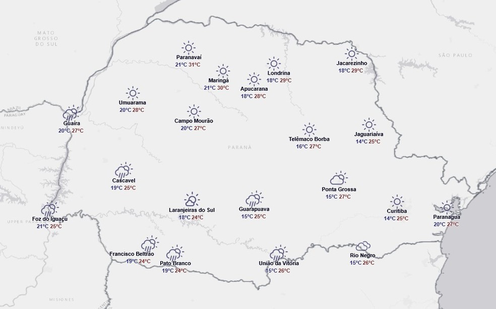 Previsão para quinta-feira, 16 de abril — Foto: Reprodução/Simepar