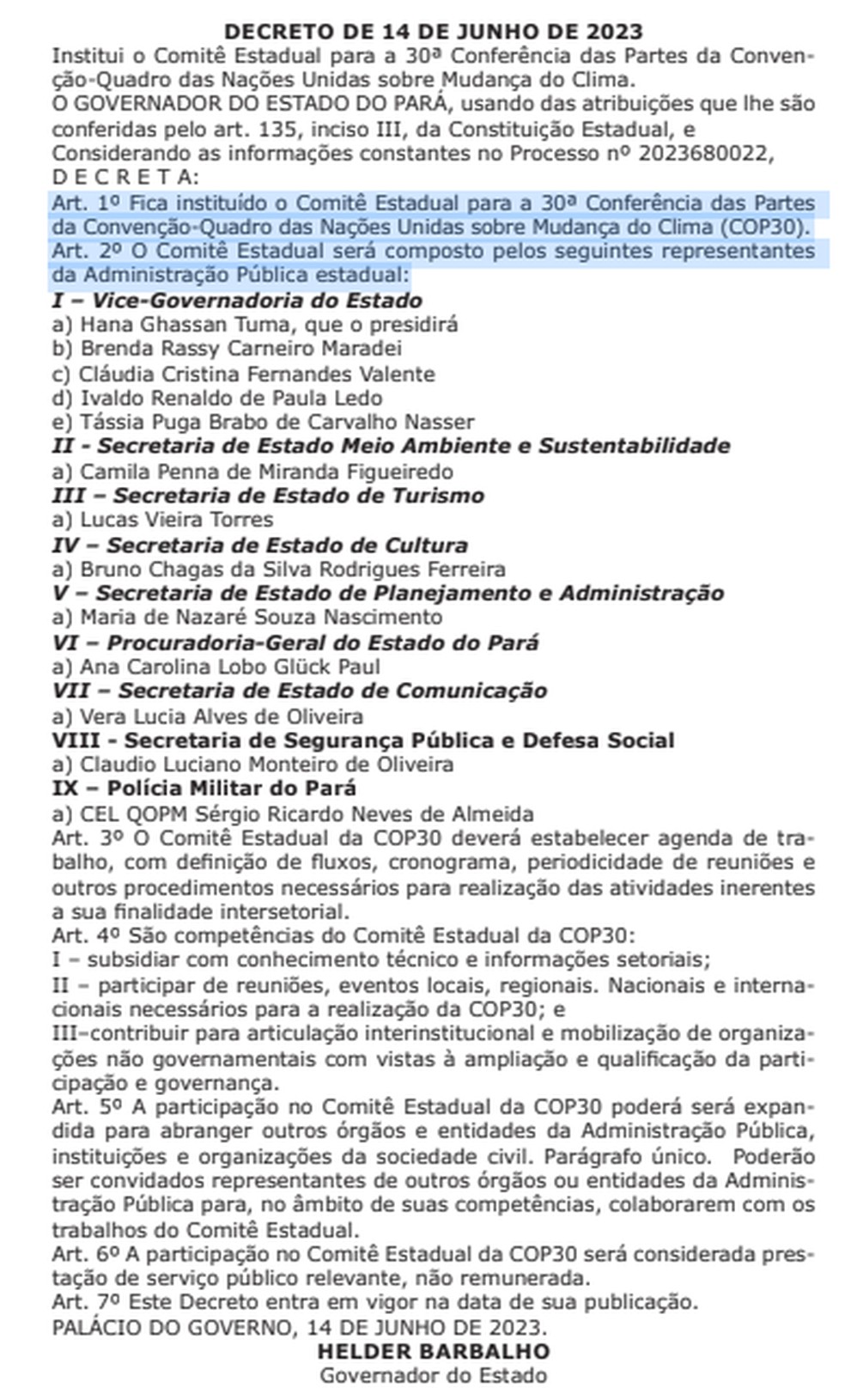 Governo do Pará cria comitê para realização da COP 30 em Belém. — Foto: Reprodução / Diário Oficial do Pará