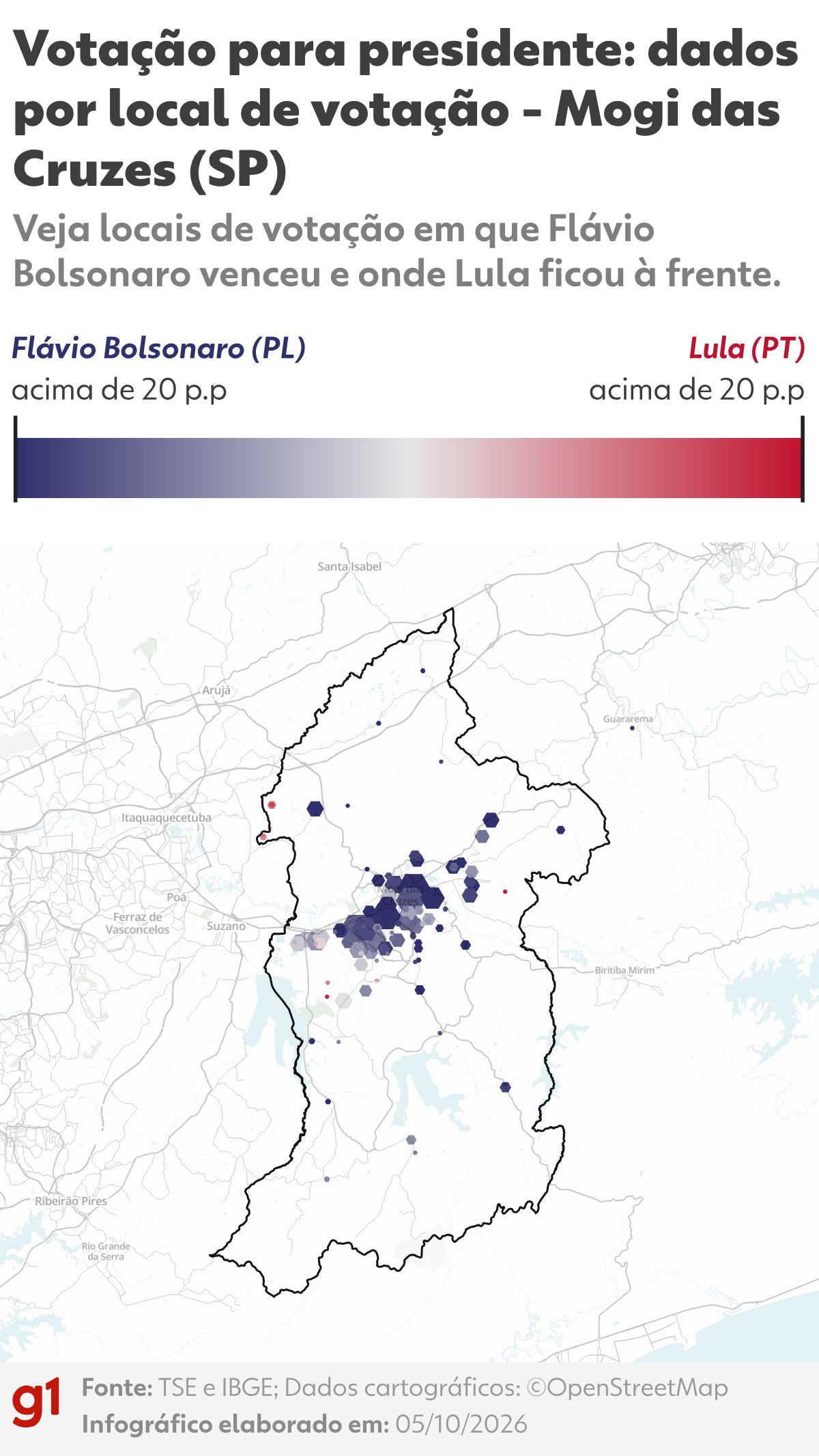 Mapa da votação para presidente em Mogi das Cruzes: veja os resultados por local de votação e zona eleitoral