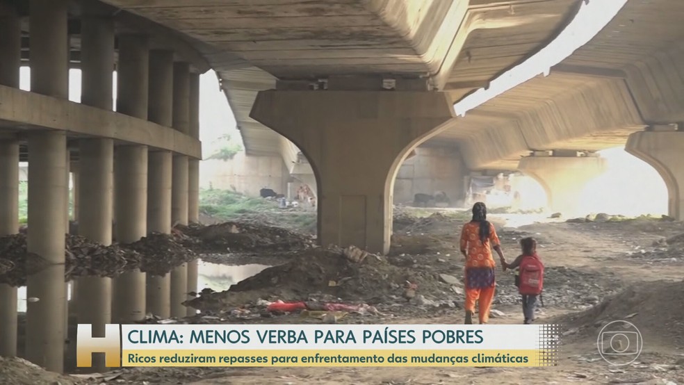 Países ricos reduziram a ajuda financeira para os países pobres enfrentarem as mudanças climáticas, aponta relatório da ONU — Foto: Reprodução/ TV Globo