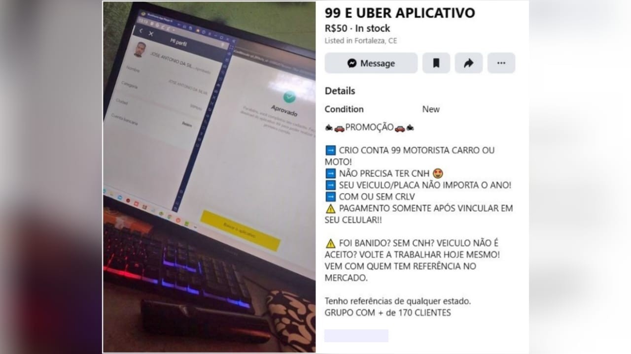 Anúncios encontrados nas redes sociais prometem criação de contas falsas para motoristas em aplicativos de transporte