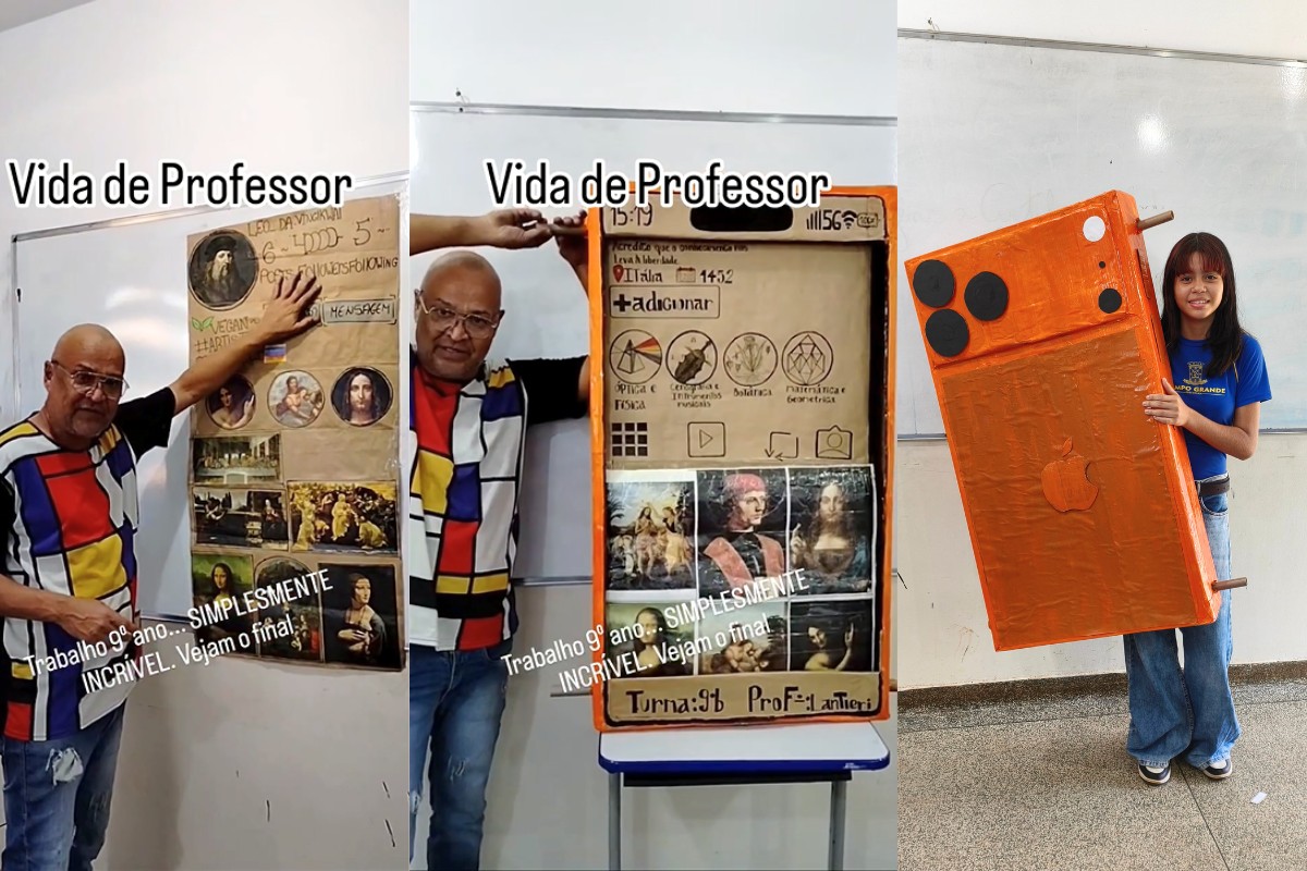 Professor viraliza com trabalho de aluna que criou Instagram de Leonardo da Vinci em celular de papelão em MS