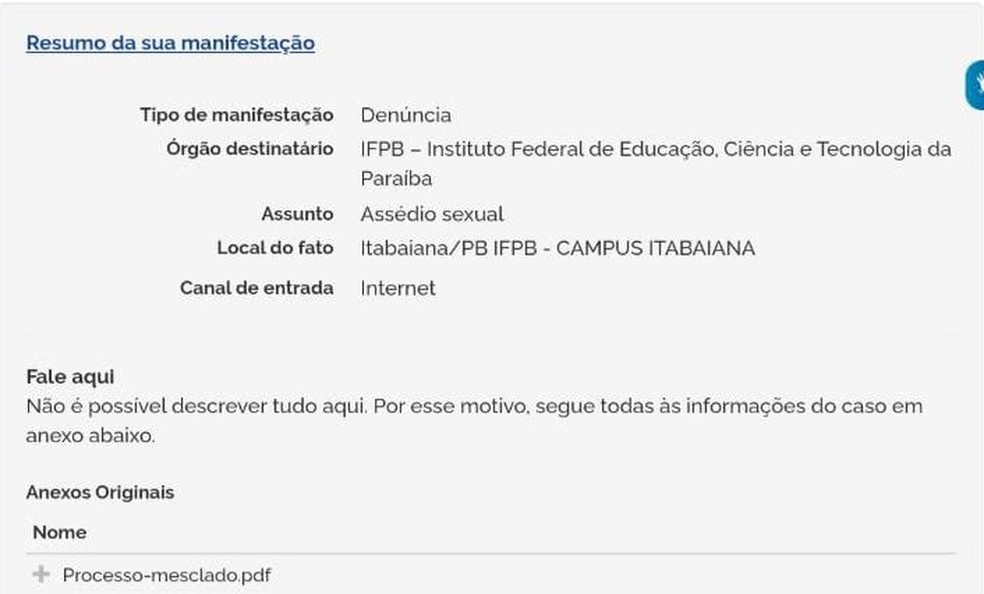 Protocolo confirma que denúncia contra professor do IFPB foi formalizada — Foto: MPF/Reprodução