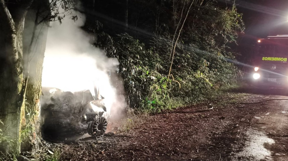 Carro ficou totalmente destruído após incêndio — Foto: Corpo de Bombeiros