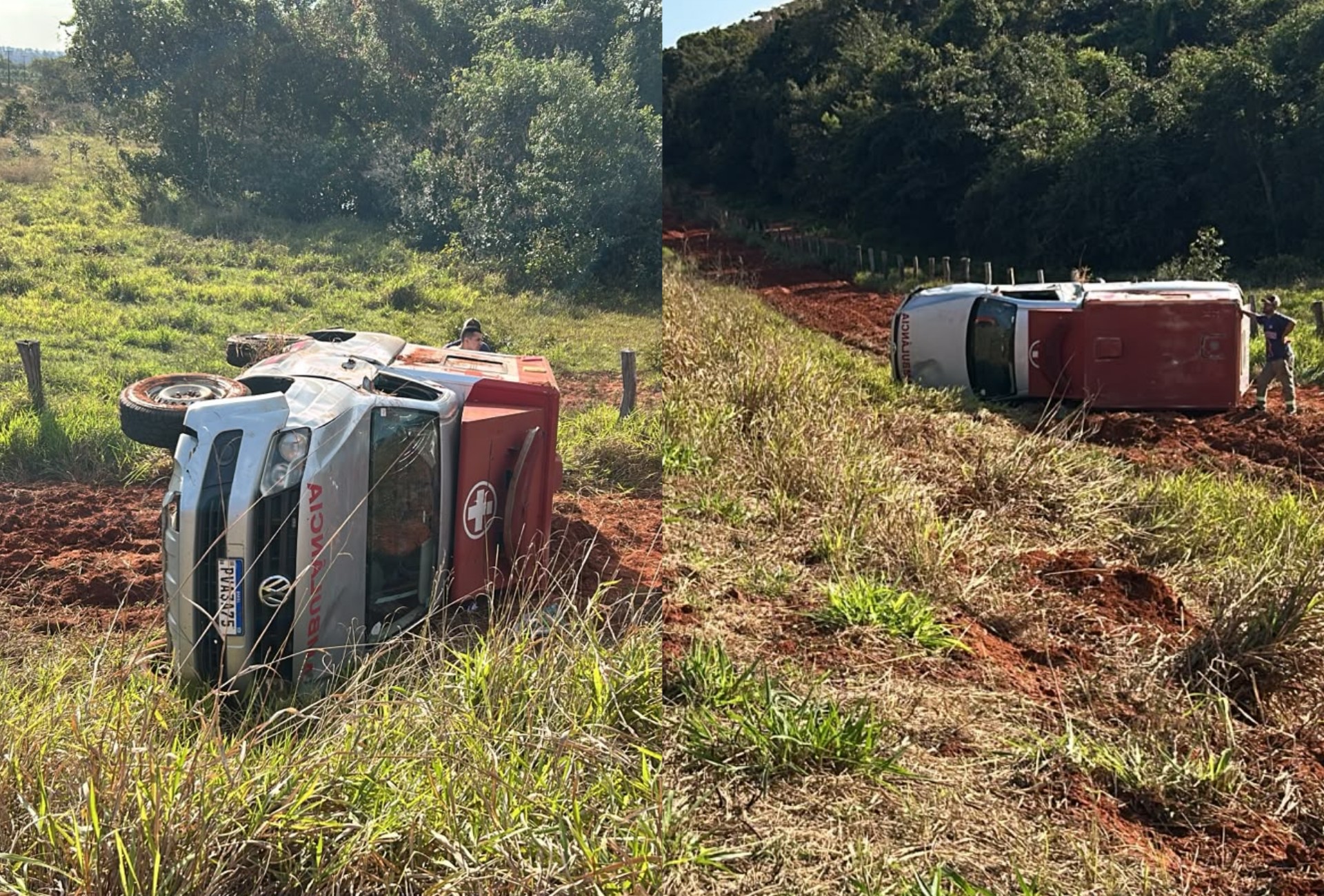 Ambulância capota após pneu estourar na MS-040; motorista sai ileso