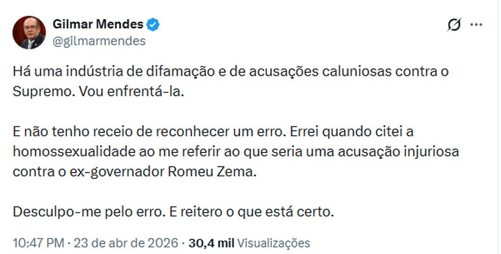 Gilmar Mendes se desculpa por fala em entrevista. — Foto: Reprodução / X
