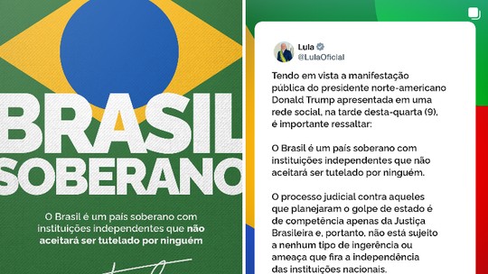 Governo Lula reage com posts sobre soberania e cobra respeito ao Brasil após tarifaço de Trump - Perfis do próprio presidente e do Itamaraty publicaram frases como 'Respeita o Brasil' e 'O Brasil é um país soberano'. Anúncio dos EUA foi feito em carta, e país discute o que fazer.