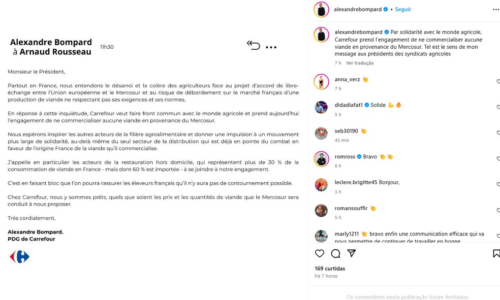 O CEO do Carrefour, Alexandre Bompard, publicou nesta quarta-feira (20), em suas redes sociais, um comunicado no qual diz que a gigante do varejo "assume hoje o compromisso de não comercializar nenhuma carne proveniente do Mercosul",  — Foto: Reprodução