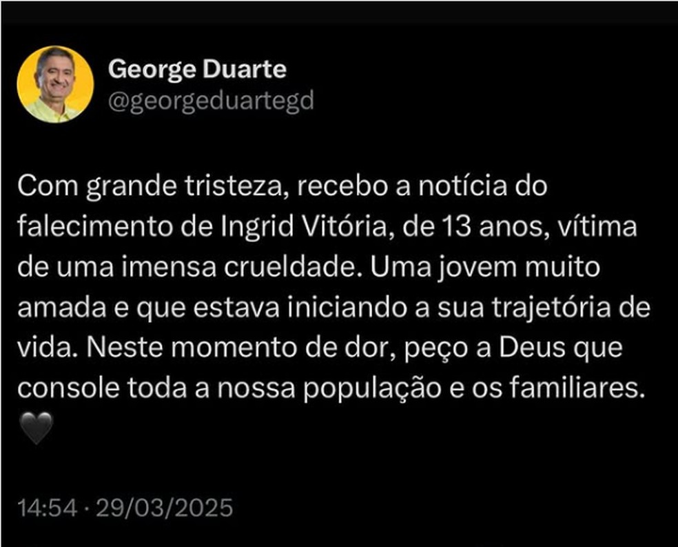 O prefeito de Santa Maria da Boa Vista, George Duarte, publicou uma nota em suas redes sociais lamentando a morte da adolescente. — Foto: Reprodução/Redes sociais