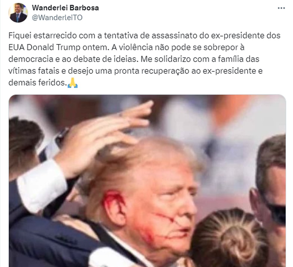 Publicação de Wanderlei Barbosa no 'X' sobre o atentado contra Donald Trump  Foto: Reprodução/redes sociais