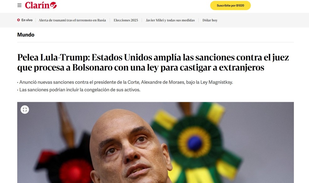 Reportagem do Clarín sobre sanções dos EUA contra Moraes — Foto: Reprodução