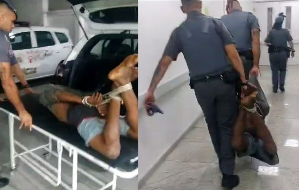 Policiais amarram homem durante abordagem em São Paulo — Foto: Reprodução