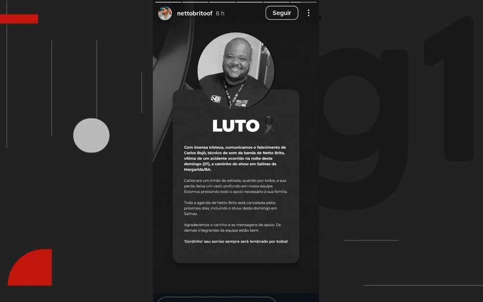 O operador de som Carlos Antônio Souza Ramos, de 42 anos, foi uma das vítimas do acidente — Foto: Reprodução/Redes Sociais