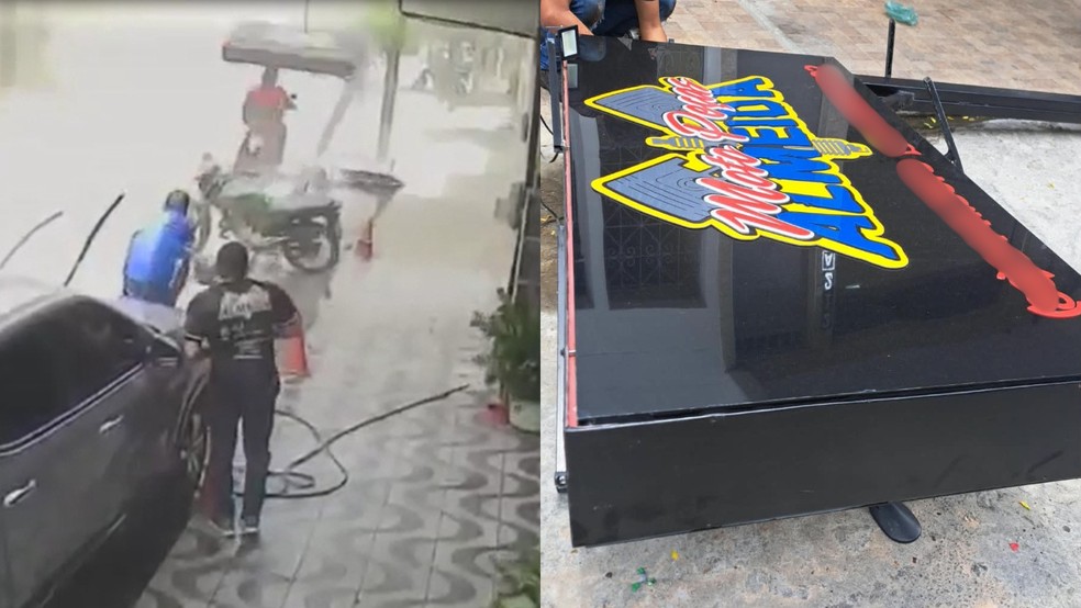 Placa de loja cai sobre motociclista. — Foto: Reprodução