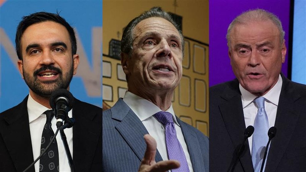 Mamdani (Partido Democrata), Cuomo (independente) e Sliwa (Partido Republicano), candidatos a prefeito de NY — Foto: Montagem/Reuters