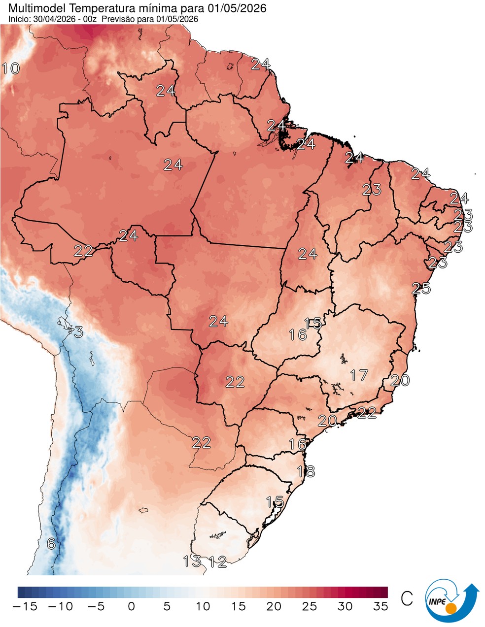 Previsão de temperatura mínima em todo o país nesta sexta (01). — Foto: CPTEC/Inpe