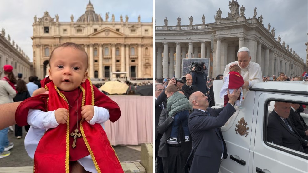 Vestido de papa, bebê brasileiro recebe bênção de Leão XIV no Vaticano — Foto: Matheus Bortone