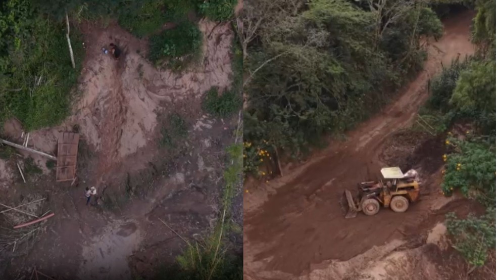 Imagens de drone mostram suspeitos e máquinas em garimpo ilegal na cidade de Rio Acima (MG) — Foto: Reprodução/TV Globo