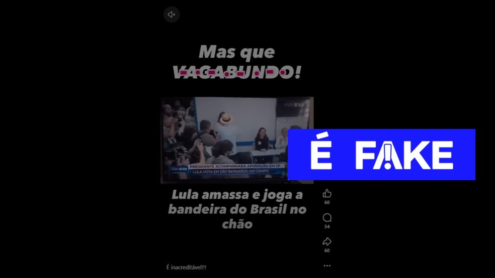 � #FAKE que ap�s votar Lula jogou a bandeira do Brasil no ch�o � Foto: Reprodu��o