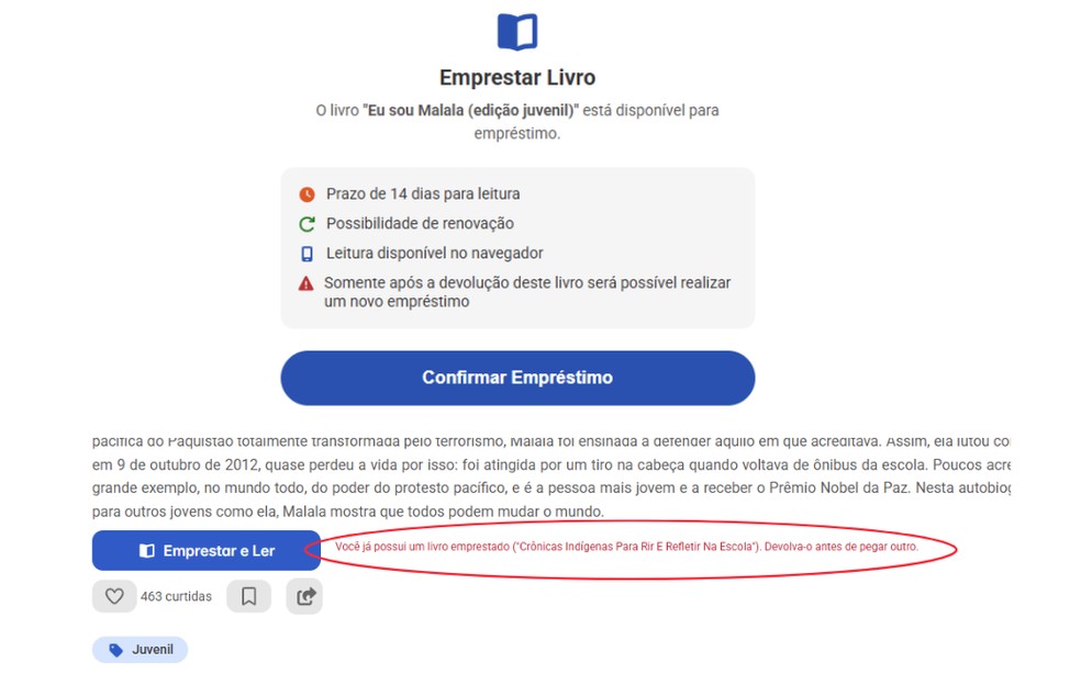 MEC Livros não permite o empréstimo de mais de uma obra por vez. — Foto: Reprodução