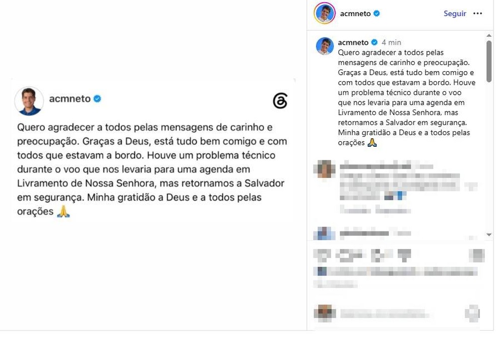 Avião com ACM Neto tem problema técnico e pouso é desviado na Bahia — Foto: Reprodução/Redes Sociais