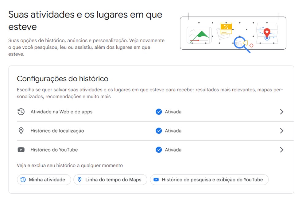 Google permite revisar registros que são feitos durante navegação em seus aplicativos — Foto: Reprodução/Google