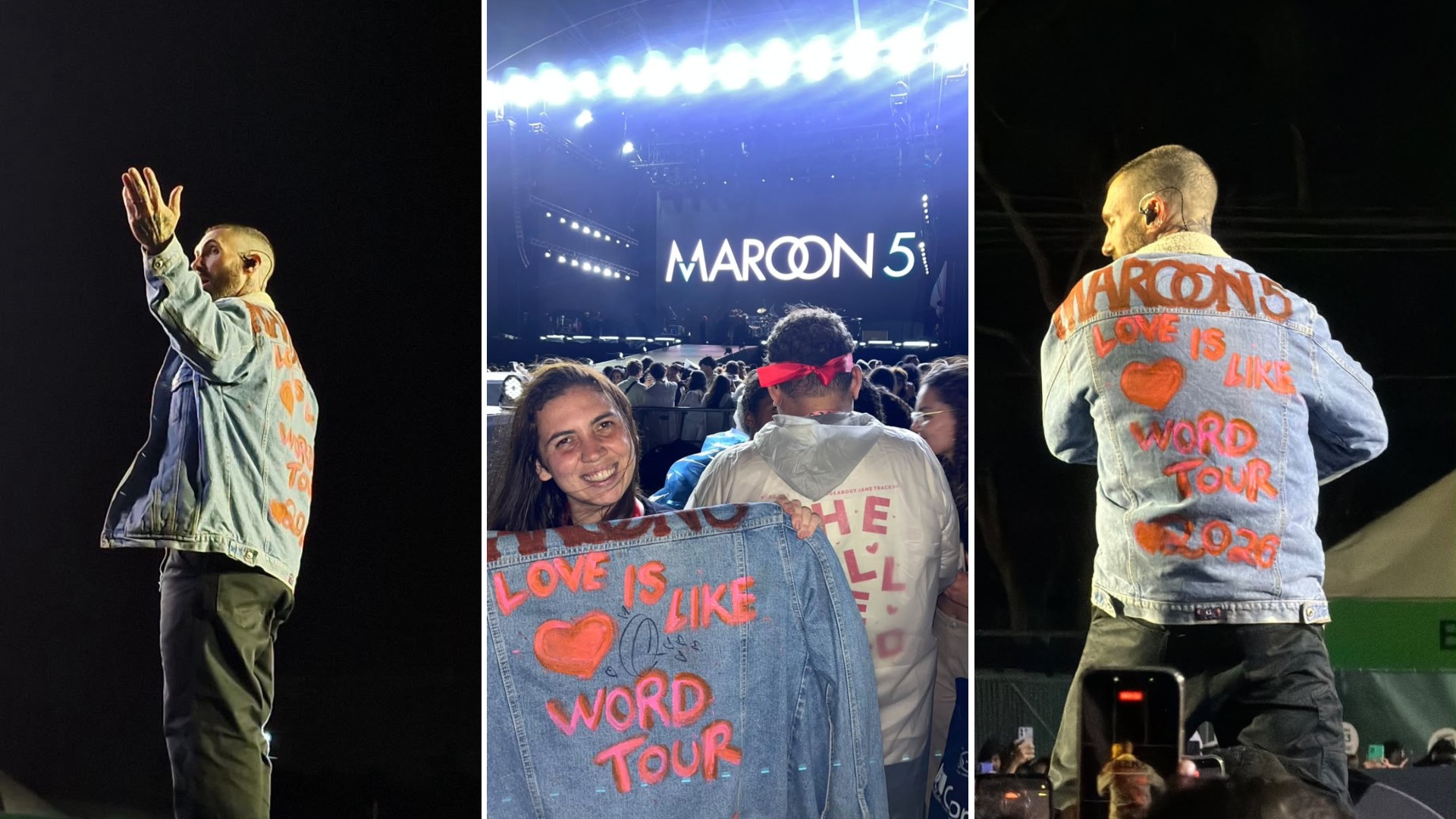 Fã empresta jaqueta customizada a Adam Levine em show e ganha autógrafo: 'Um sonho'