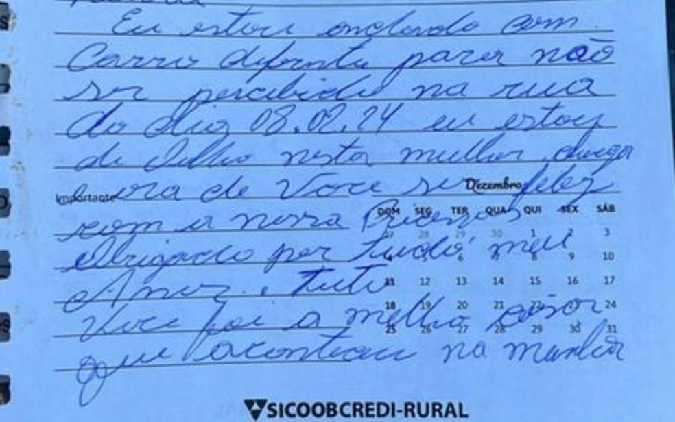 Carta escrita por Horácio Rozendo de Araújo Neto antes de atirar contra a ex-sogra — Foto: Divulgação/Polícia Civil
