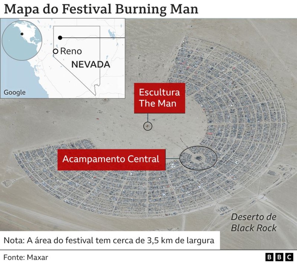 Infográfico mostra localização do festival Burning Man, em Nevada, nos Estados Unidos — Foto: BBC