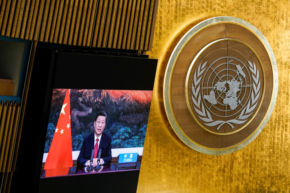 Presidente chinês Xi Jinping fala em transmissão para a Assembleia Geral da ONU em 21 de setembro de 2021 — Foto: Mary Altaffer/Pool via Reuters