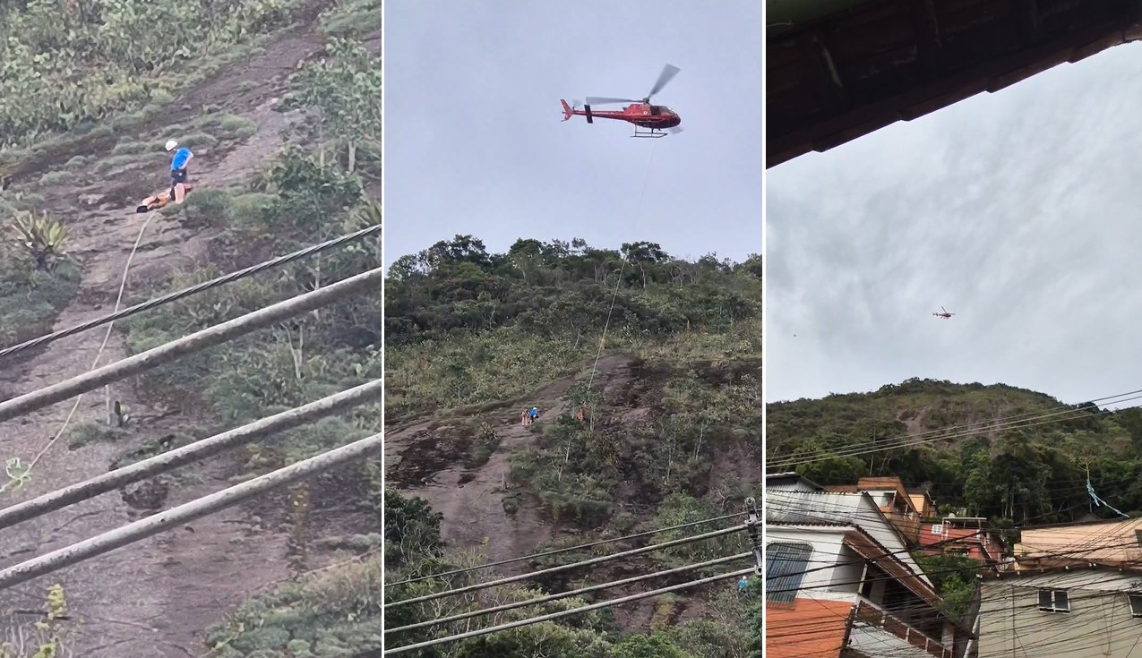 Aeronave dos Bombeiros resgata homem que fazia rapel em pedreira de Petrópolis