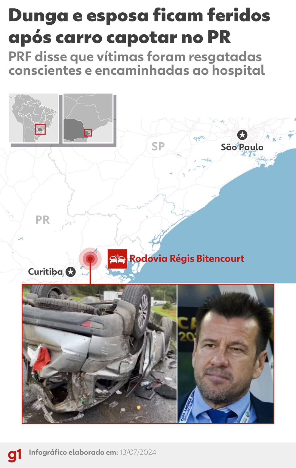 Mapa mostra local em que ocorreu acidente envolvendo Dunga e a esposa — Foto: Arte/g1