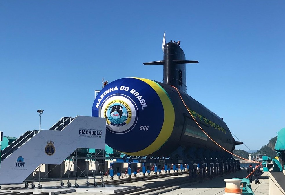 O submarino Riachuelo que será lançado nesta sexta-feira (14) em Itaguaí, no litoral Sul do Rio de Janeiro — Foto: Henrique Coelho/G1