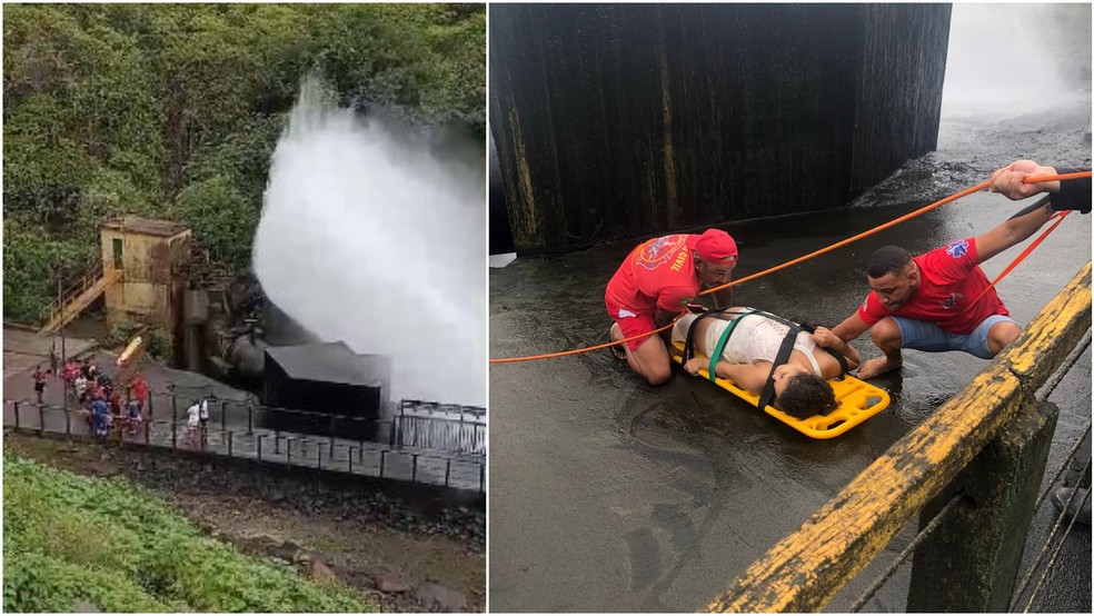 Mulher é resgatada pelos bombeiros após cair de pedra enquanto tentava fazer foto próximo de válvula de açude em Orós. — Foto: Corpo de Bombeiros/ Divulgação