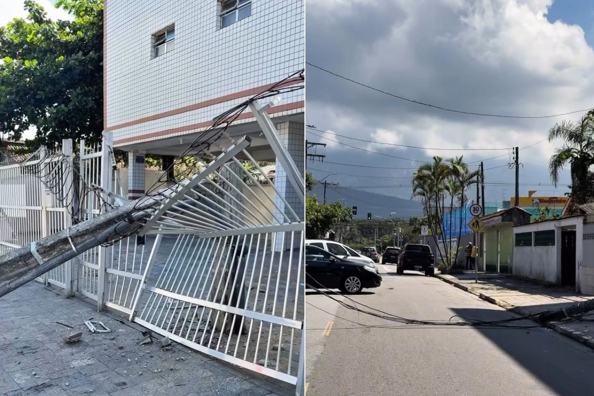 Caminhão derruba poste em portão de prédio no litoral de SP; VÍDEO