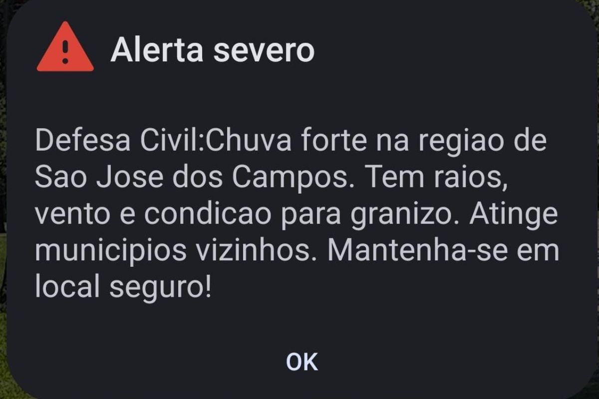 Moradores de São José, Atibaia e cidades vizinhas recebem alerta de chuva forte, com risco de raios, vento e granizo