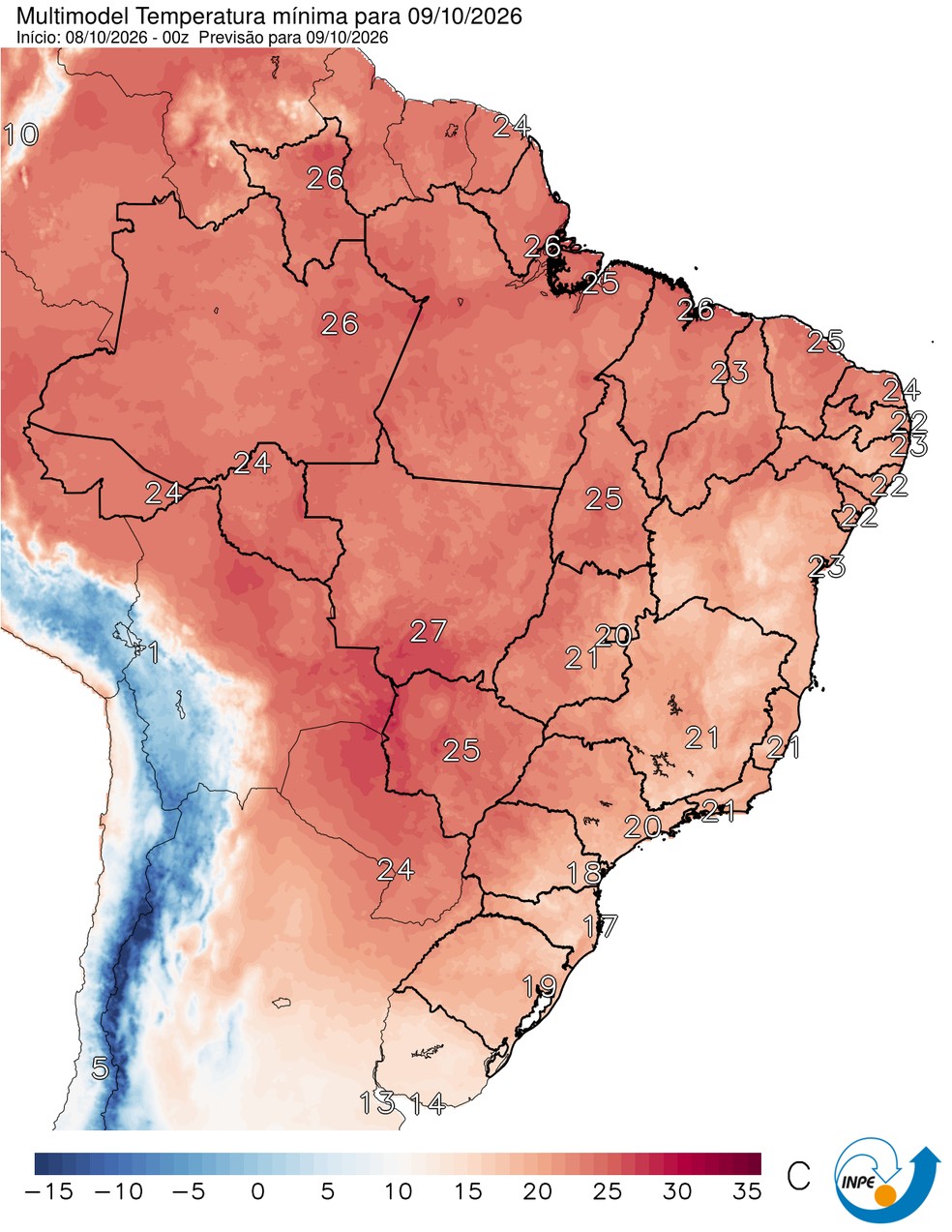 Temperaturas mínimas previstas para esta sexta (09/10) em todo o Brasil. — Foto: CPTEC/Inpe