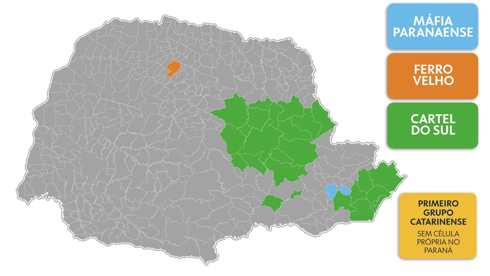 Regiões onde a Máfia Paranaense, o Ferro Velho e o Cartel do Sul dominam no Paraná. — Foto: Ivan Rasera/Artes RPC