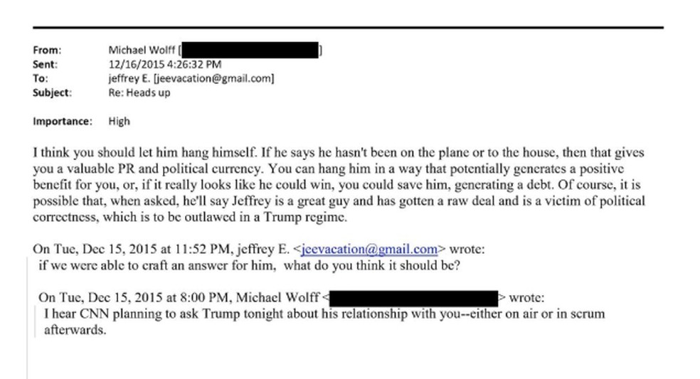 Troca de e-mails entre o empresário Jeffrey Epstein e o escritor Michael Wolff divulgada pelo Partido Democrata. — Foto: Divulgação/ Democratas da Comissão de Supervisão do Congresso dos EUA