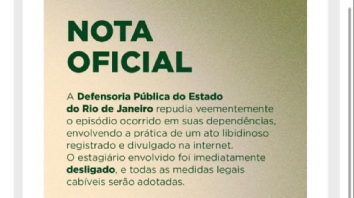 Estagiário é demitido após gravar vídeo de conteúdo sexual no prédio da Defensoria, no RJ