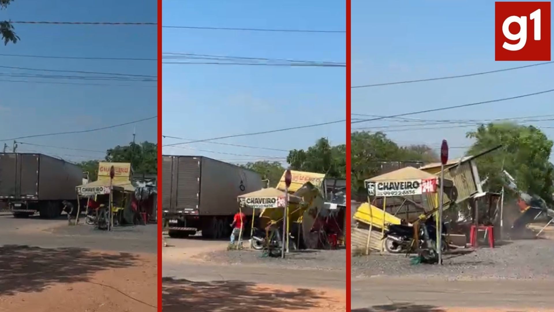 'Efeito dominó': caminhão arrasta fios e derruba bancas em Cuiabá | G1