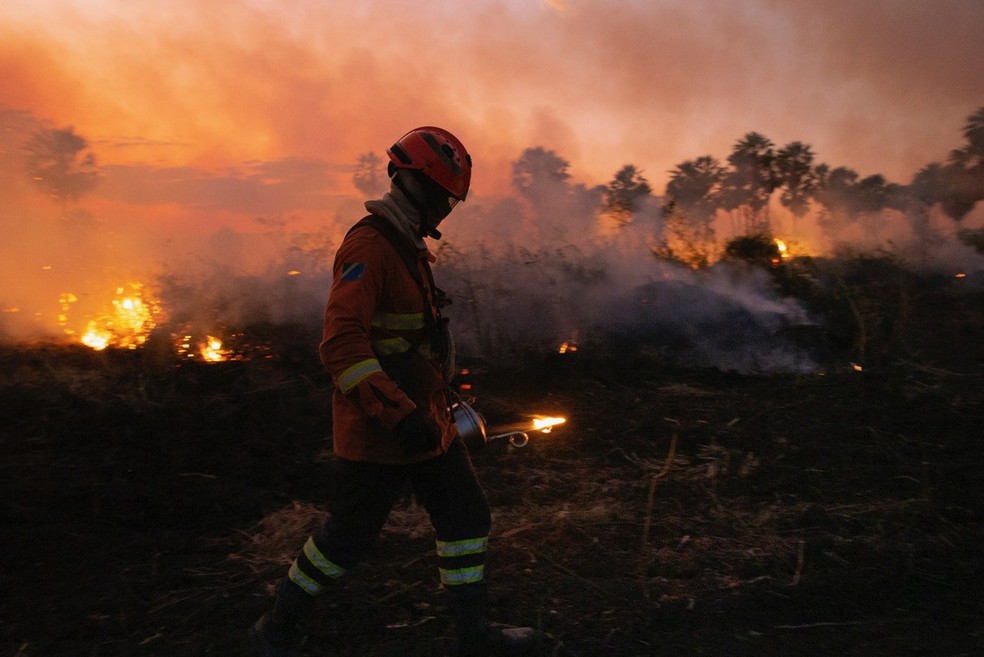 Brigadistas trabalham incansavelmente contra o fogo — Foto: Araquém Alcântara